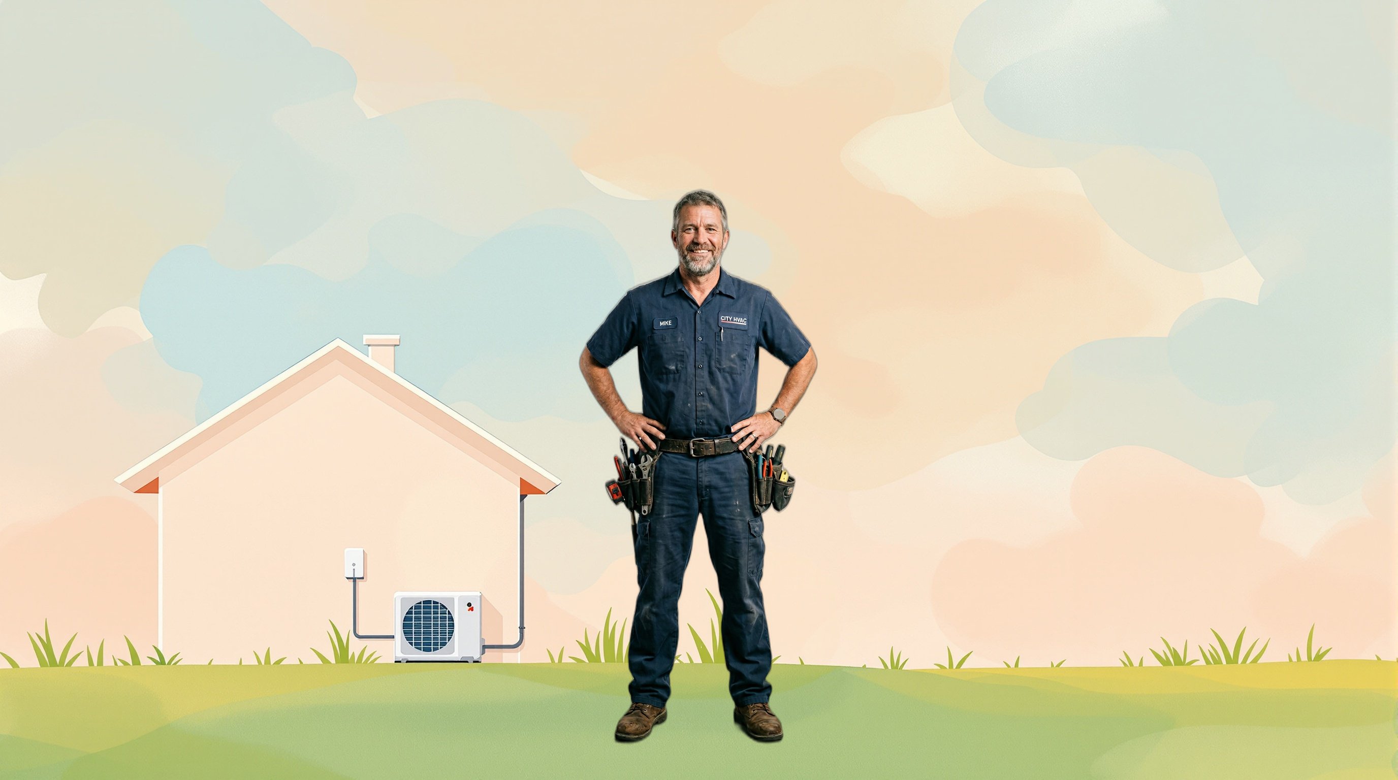 HVAC business owner in illustrated watercolor setting