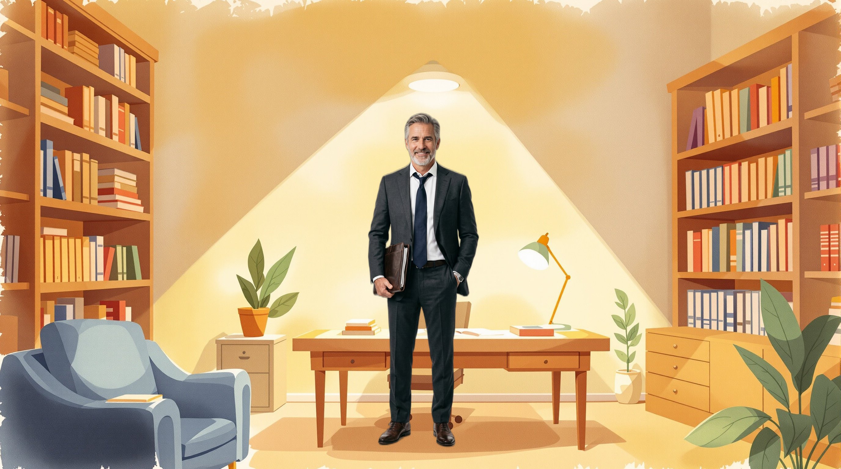 Attorney character in illustrated watercolor setting