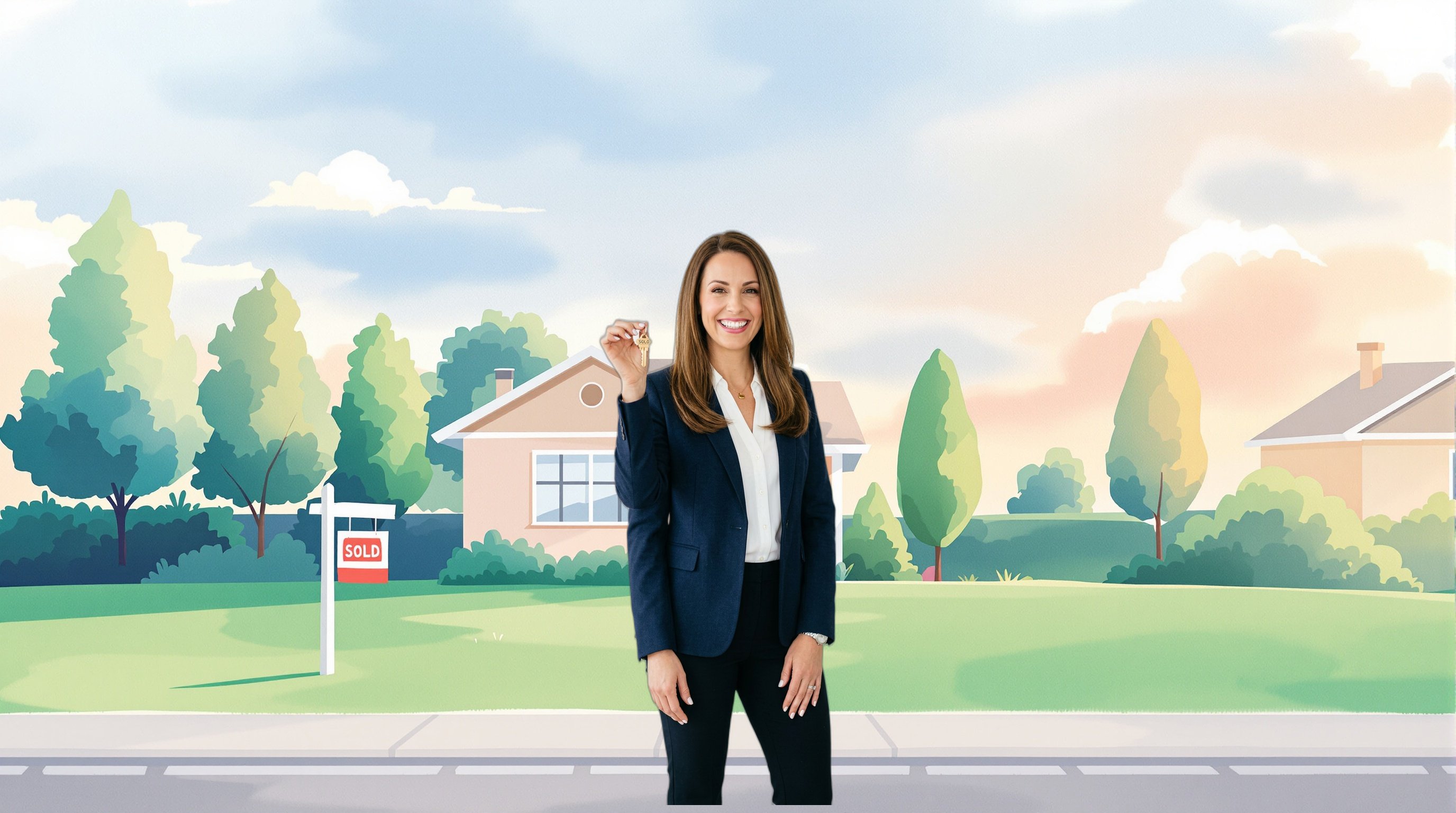 Real estate agent character in illustrated watercolor setting