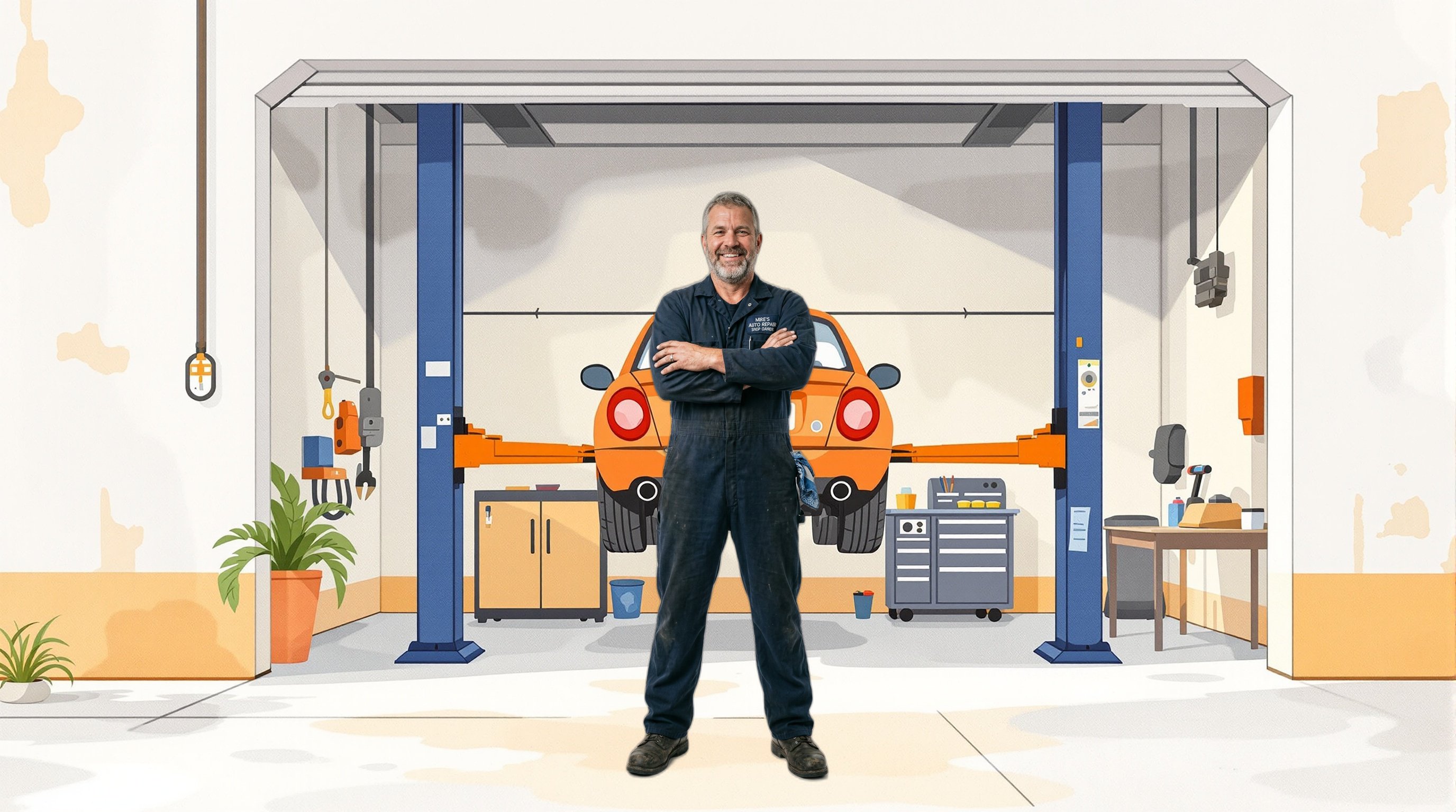 Auto mechanic character in illustrated watercolor setting