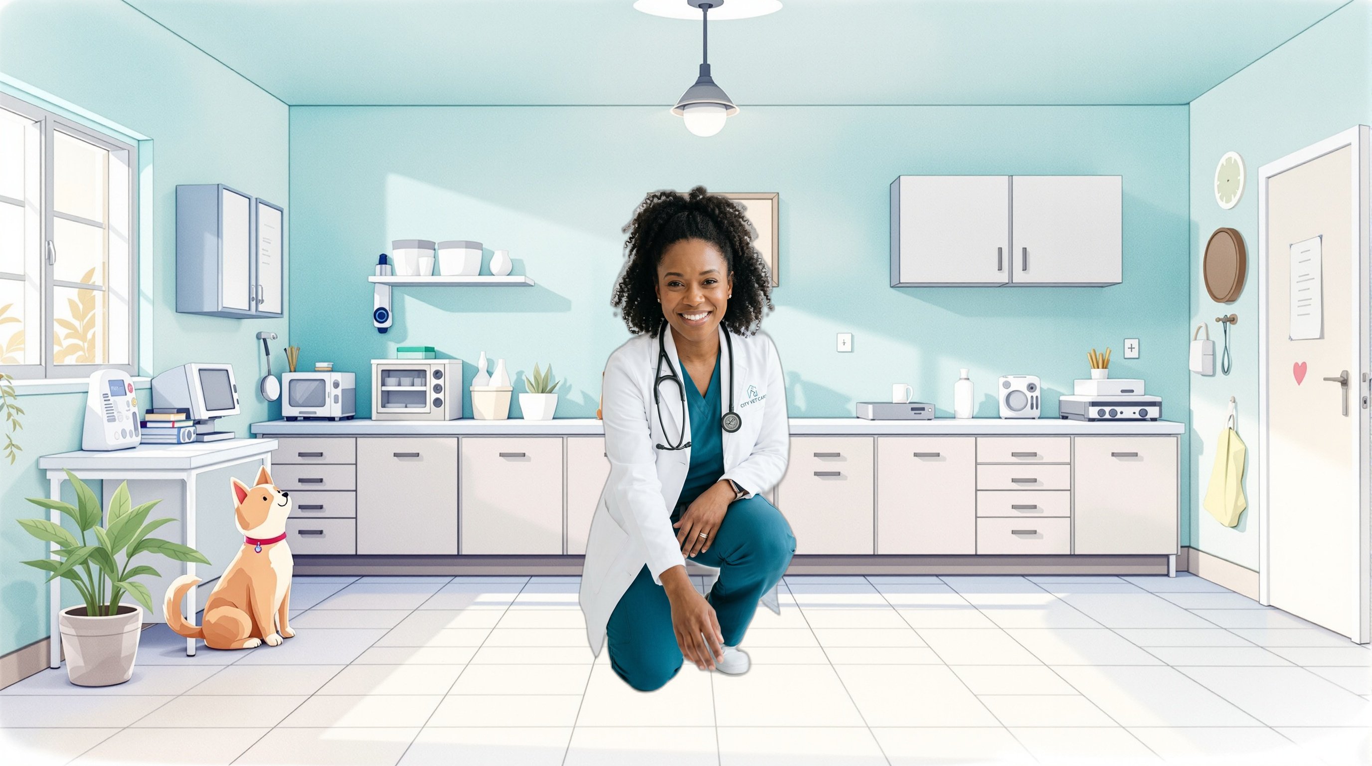 Veterinarian character in illustrated watercolor setting