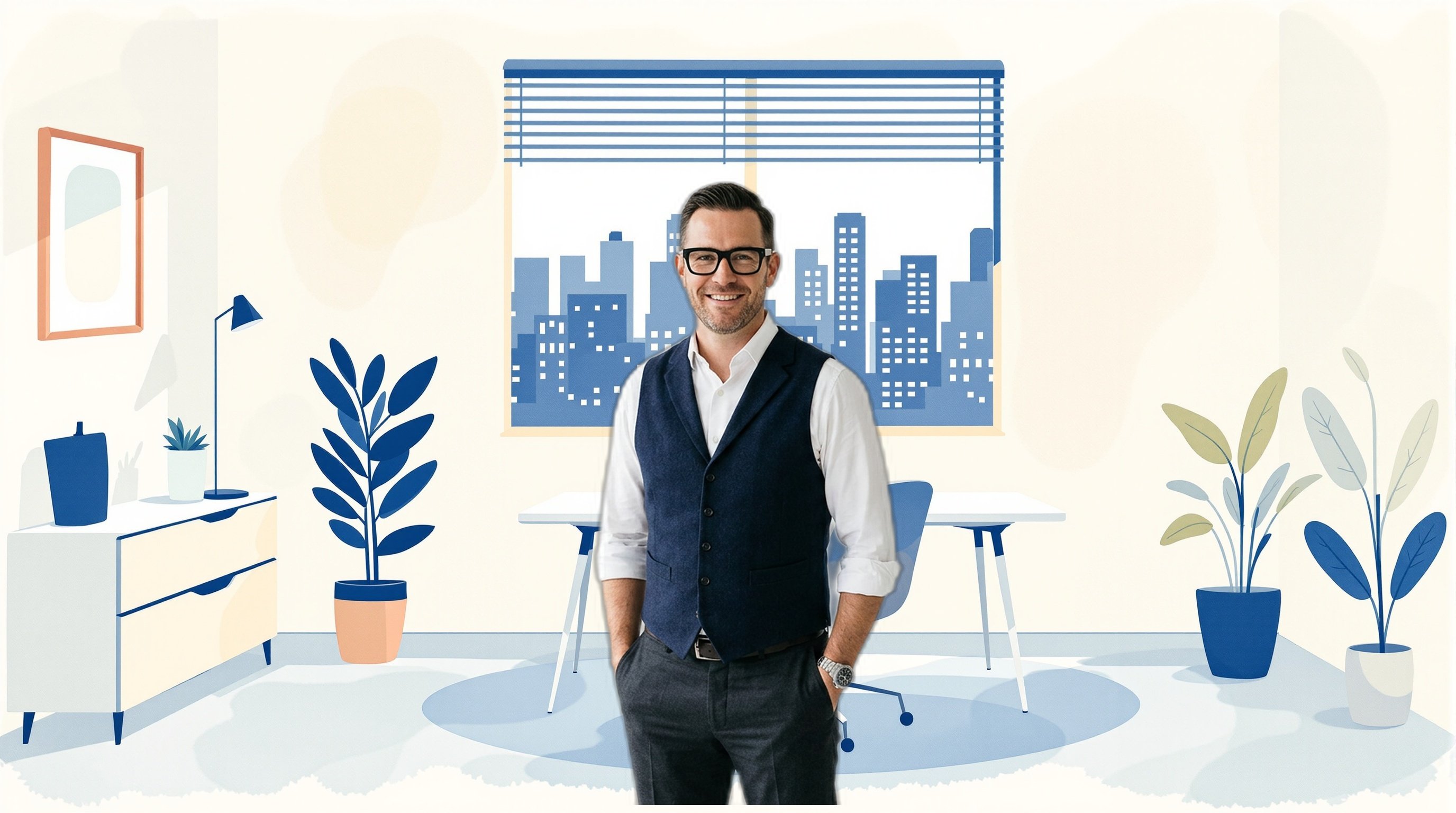 Financial advisor character in illustrated watercolor setting