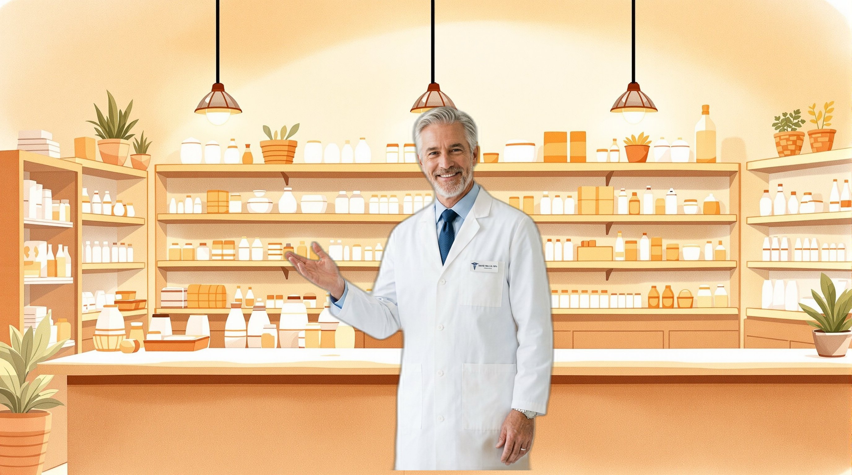 Pharmacist character in illustrated watercolor setting
